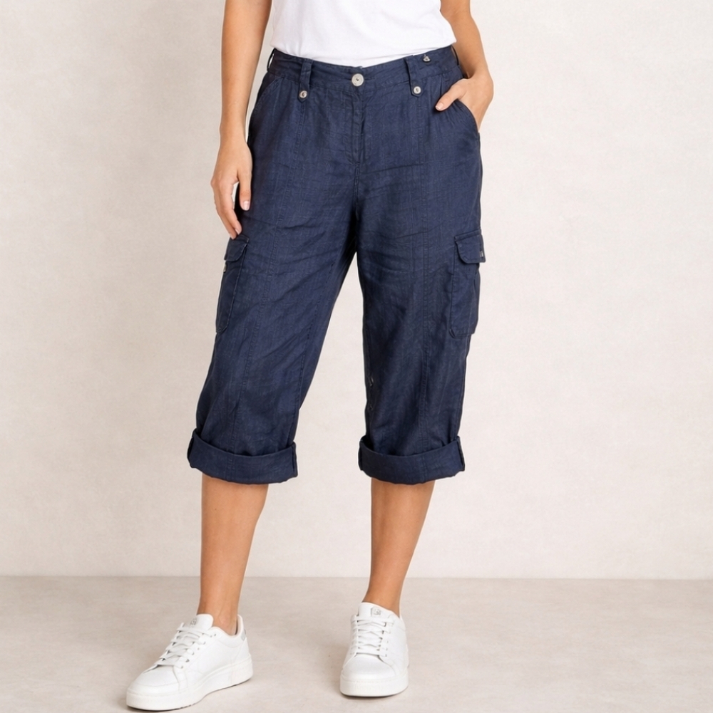 Vintage Toto N Ko 100% Linen Mid Rise Cargo Capris Roll Up Pants Black 12 Petite